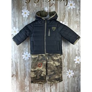 Skechers Baby Boys Romper Quilted Jacket Sz 12 Mos Black Brown Camo Patches Logo